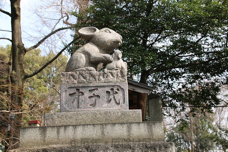 調神社 境内入口の狛兎石像の様子